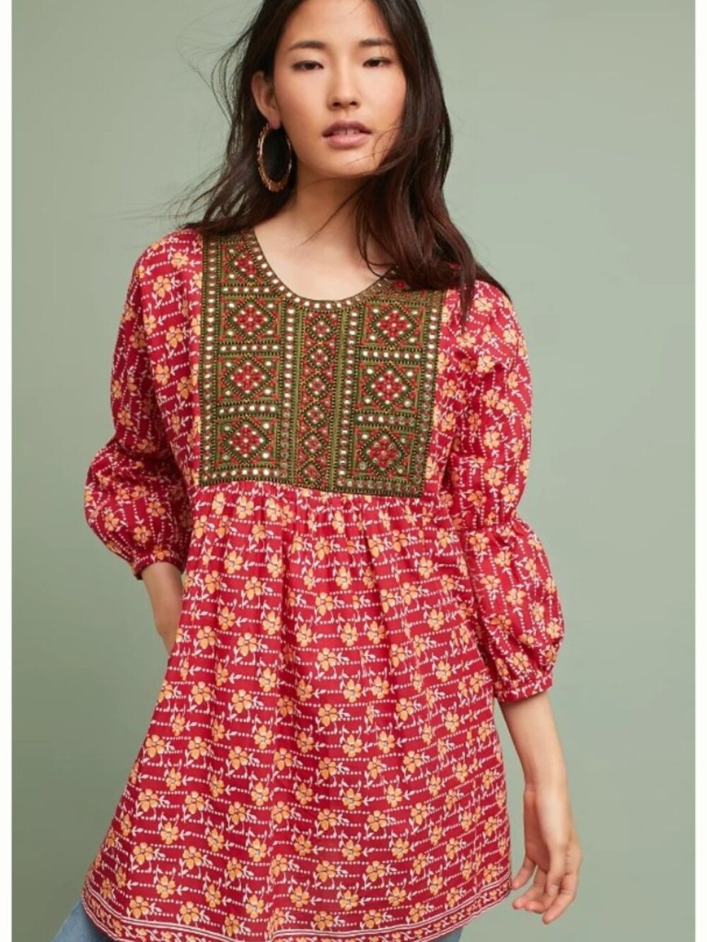 NWT Anthropologie Kopal Myra embellished tunic floral embroidered (M) red green